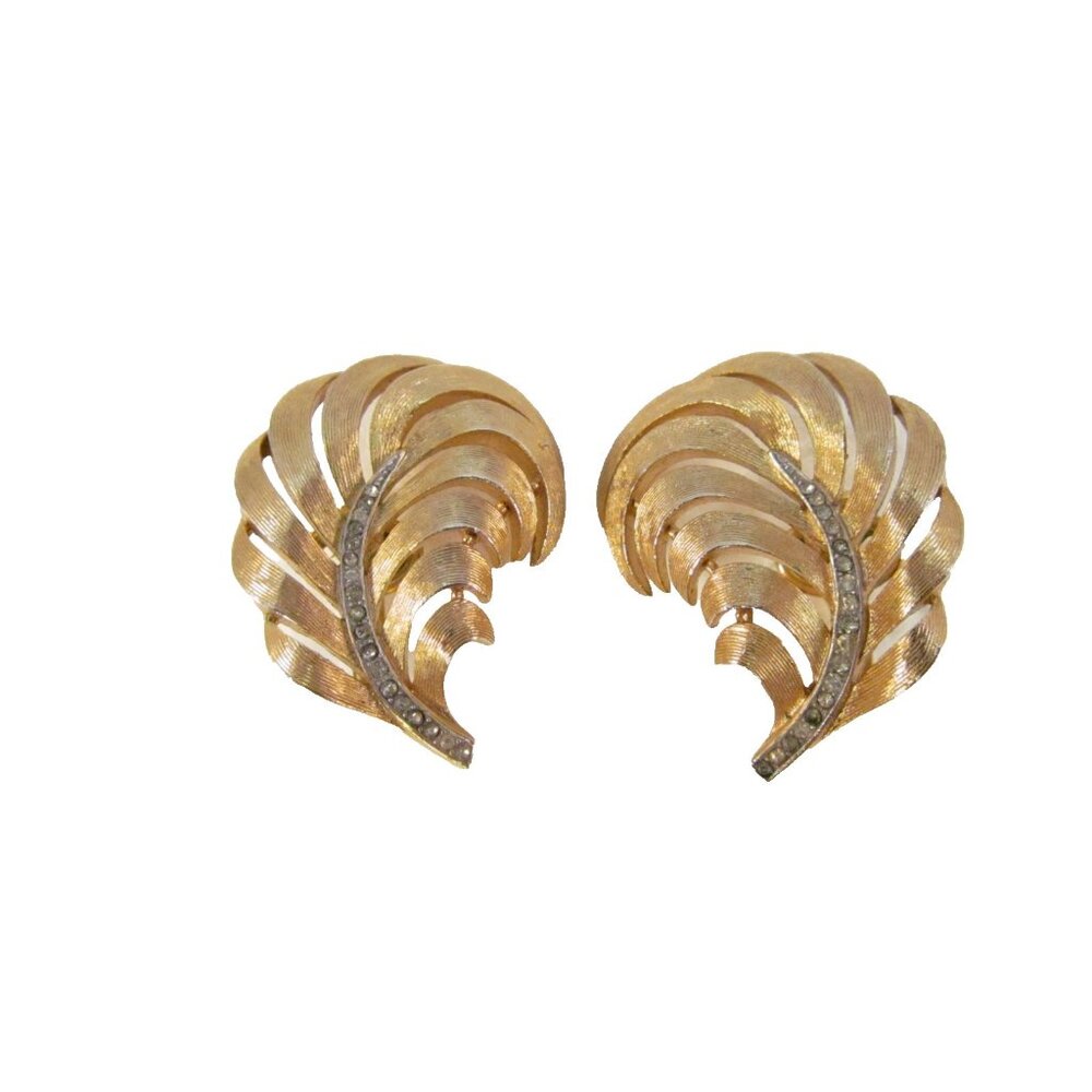Crown Trifari Gold Tone Leaf Clip On Earrings with Rhinestone Accents